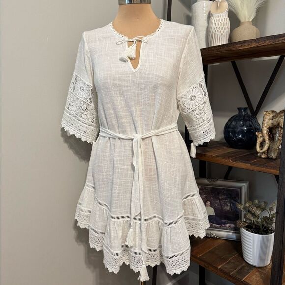 Spell and the Gypsy Abigail Mini Dress Womens SMALL Ivory White Lace Cotton Belt - Picture 3 of 14
